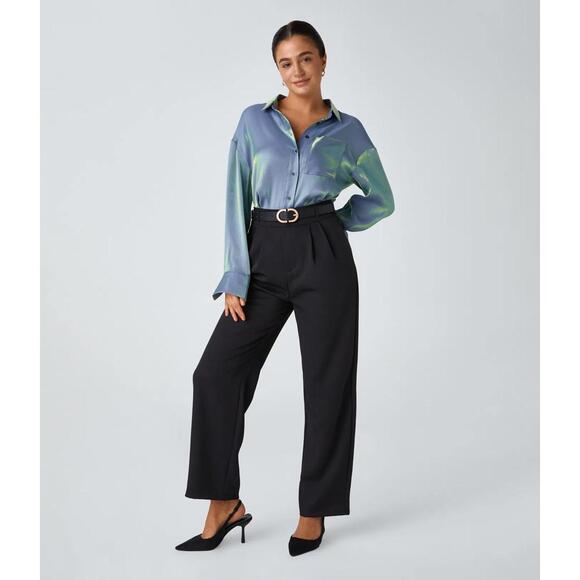 NWT Halara Pocket High Low Curved Hem Shine Oversize Work Shirt Troposphere XS - Picture 7 of 13